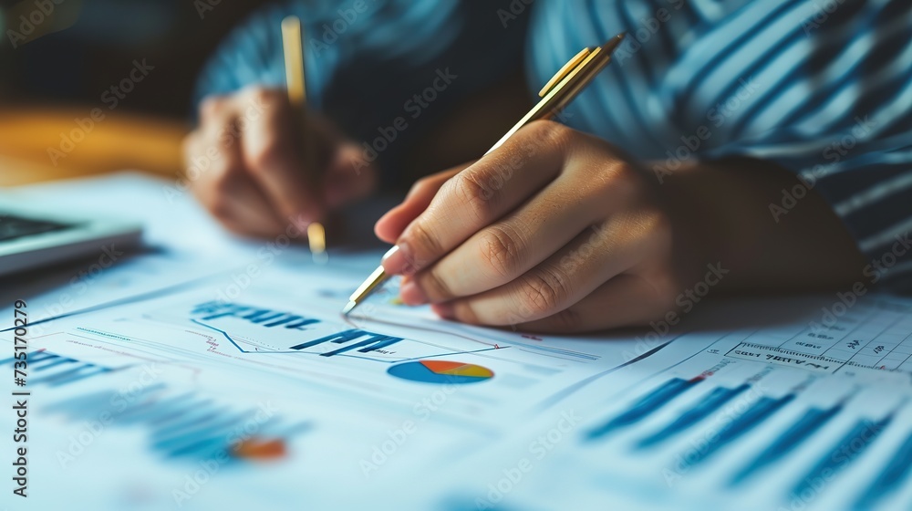 Poster close-up of hands holding a pen over paper charts and graphs, analyzing business statistics and repo