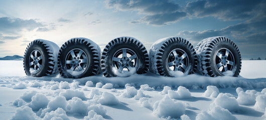 Group of black tires in snow landscape. Automotive safety and winter preparedness with new treaded wheels, ensuring reliable drive and road grip in icy conditions - obrazy, fototapety, plakaty