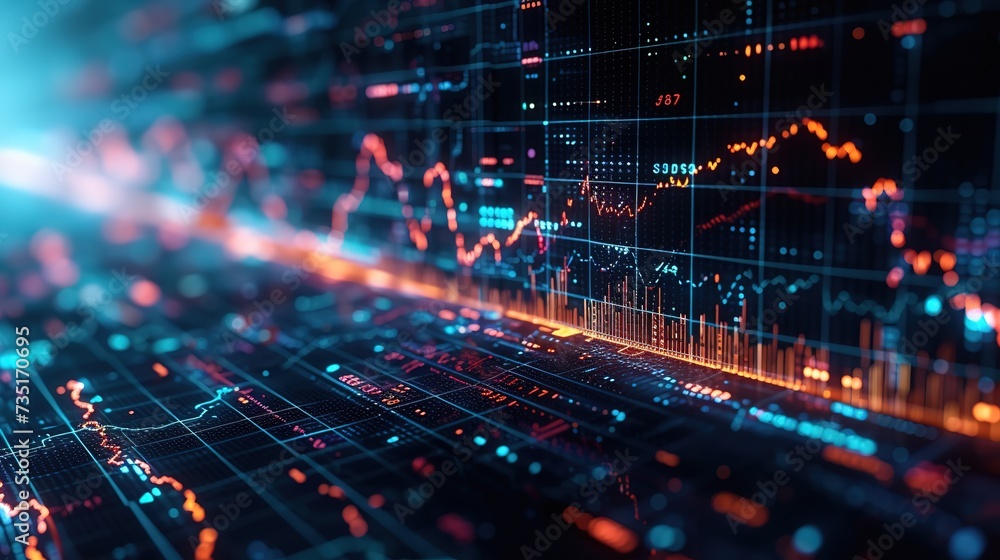 Poster dynamic digital interface displaying stock market trades with futuristic holographic financial data 