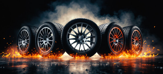 Group of tires on the ice. Amidst smoke and sparks, ensuring winter safety and grip on icy roads with automotive rubber technology - obrazy, fototapety, plakaty