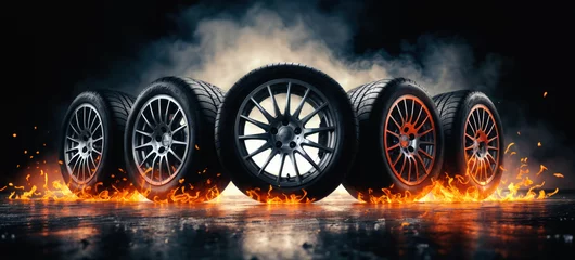 Fotobehang Group of tires on the ice. Amidst smoke and sparks, ensuring winter safety and grip on icy roads with automotive rubber technology © remake