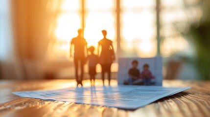 Paper cutout of a family standing on a legal document on a wooden table with a photo and warm backlight. - obrazy, fototapety, plakaty