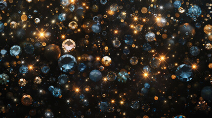An artistic composition of a black background adorned with sparkling gemstones. AI Generate Image.