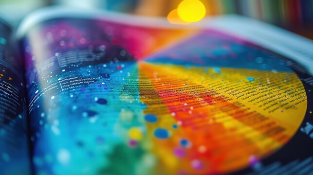 Macro shot of a magazine page showing a vibrant, colorful data visualization with a focus on a pie chart among text.