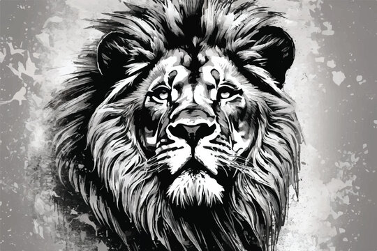 Lion background in black and white. Lion. A crude, graphic, black-and-white drawing depicting a lion. Vintage black and white vector image of a lion engraving. A monochromatic illustration of a lion. 