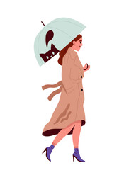 Person walking with umbrella. Woman in wet weather outdoor. Autumn and fall season. Character in casual clothes. Template and layout. Cartoon flat vector illustration isolated on white background