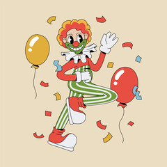 Cheerful Clown in cartoon groovy style waving.