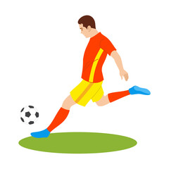 Soccer player wearing a red costume quick shooting a ball. Vector image
