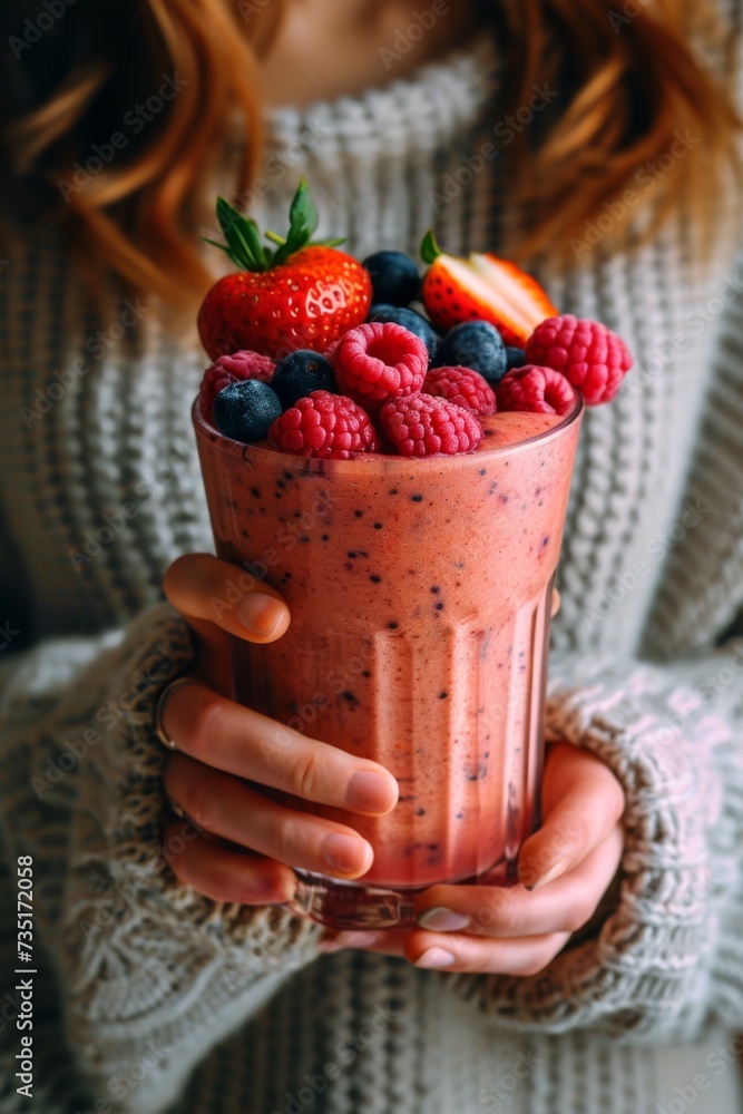 Poster woman hands hold fruit smoothie