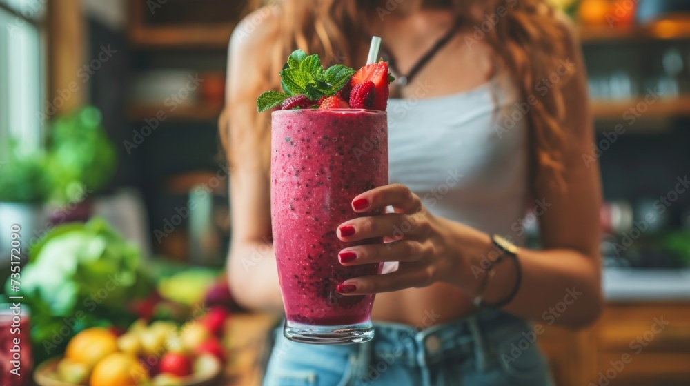 Poster woman hands hold fruit smoothie