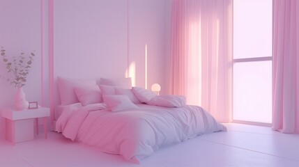 Pastel pink stylish minimalistic girls bedroom with bed,, pillows, nightstand, vase, lamp and shadow falling from the window with curtains