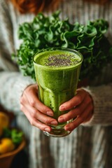 Woman hands hold fruit smoothie