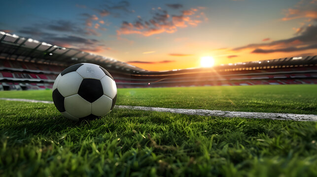 Soccer ball in stadium on grass during sunset