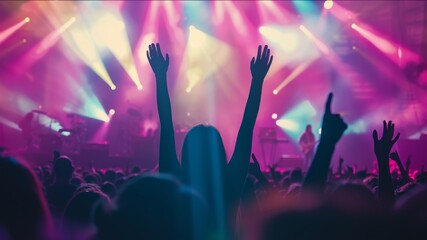 Fun music concert. Popular band star sing song. Happy fans people enjoy rock festival. Night club rave life. Disco show. Beautiful neon light. Musician man live perform. Singer play silhouette.