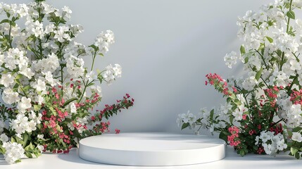 Podium flower product white 3d spring table beauty stand display nature white. Garden floral background cosmetic field scene gift day - obrazy, fototapety, plakaty