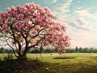 Magnolia tree with pink flowers - obrazy, fototapety, plakaty