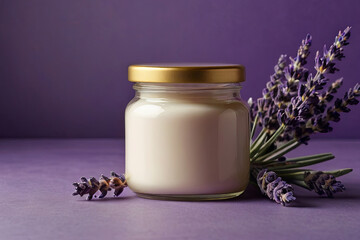Obraz na płótnie Canvas Lavender cream mockup. Glass jar on purple background. Copy space available for branding. 
