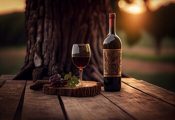 Red wine served on wooden planks, vineyard on background. Generative AI