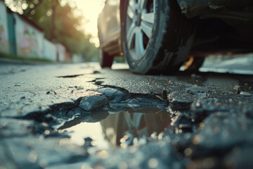 Close up of a car tyre next to a pothole in the road - obrazy, fototapety, plakaty
