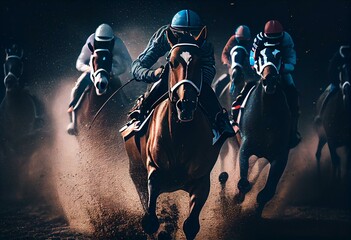 Horse Racing. horses with jockeys race on the track. Generative ai - obrazy, fototapety, plakaty