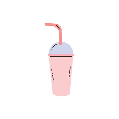 Pink plastic cup with straw and lid flat style, vector illustration
