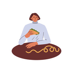 Sad woman eating sandwich and watching for centimeter tape on table