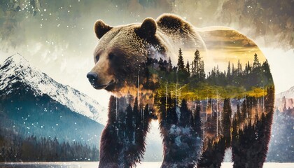Generated image of A grizzly bear double exposure style photography - obrazy, fototapety, plakaty