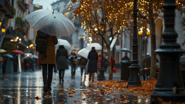 Close-up image of people walking with umbrellas on a rainy autumn day. AI Generate Image.