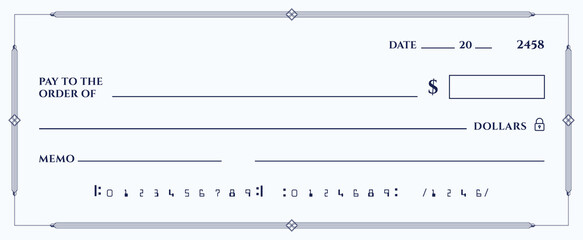 Blank bank check, checkbook cheque template or money payment paper voucher, vector mockup. Business or personal account cash pay cheque certificate or paycheck coupon from checkbook	
