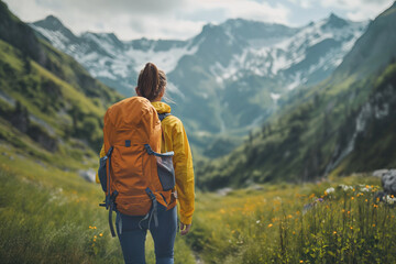Fototapeta na wymiar Traveler with a tourist backpack looking at the stunning view of the mountains. Travel and hiking concept. Eco-friendly traveler hiking in the beautiful nature, sport and green tourism, camping.