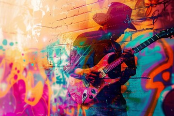 Double exposure of musician onto a graffiti wall - obrazy, fototapety, plakaty
