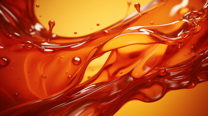 A liquid wave of clear oil. A bright splash of orange liquid. Abstract shining background for design.