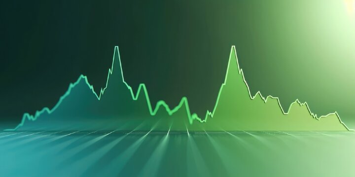 A dynamic abstract financial graph with peaks in neon colors against a dark, gradient background, depicting growth and decline trends.