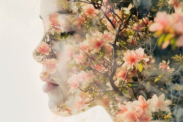 Double exposure woman's face and flowers