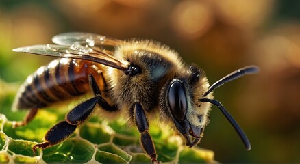 Close-up of bee on honeycomb