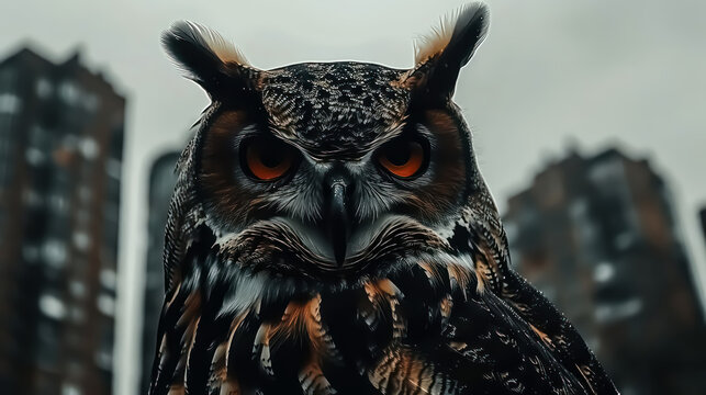 A wise owl, intelligent, gray, vintage, textured background, atmospheric photography