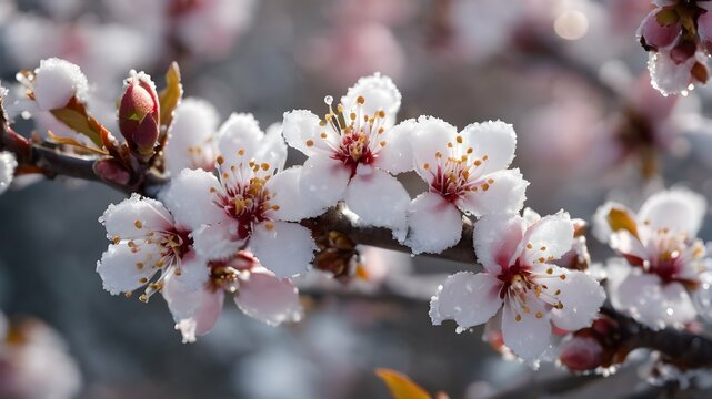image of a frost-covered cherry blossom branch. Cold Spring. nature