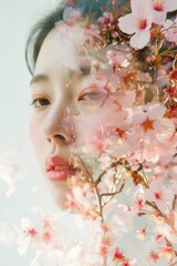 Double exposure woman's face and flowers