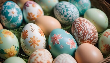  image of multi-colored Easter eggs with different patterns in a basket. Easter holiday