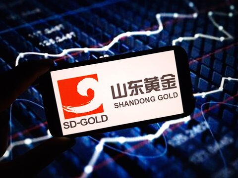 Konskie, Poland - February 12, 2024: Shandong Gold Mining company logo displayed on mobile phone