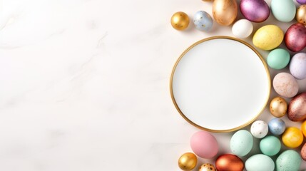 Beautiful minimalist Easter background with colorful eggs, a golden ceramic Easter bunny and plenty