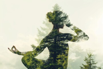 Double exposure of a silhouette doing yoga with ocean