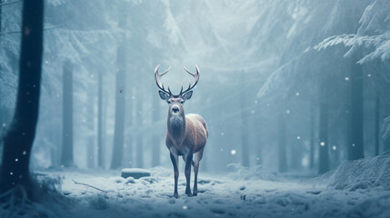a deer in a snowy forest with the sun shining through the trees