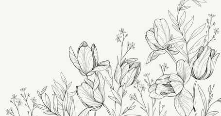 Obraz premium Floral bakground with bouquet of various flowers. Botanical foliage for wedding invitation, wall art or wallpaper. Vector illustration