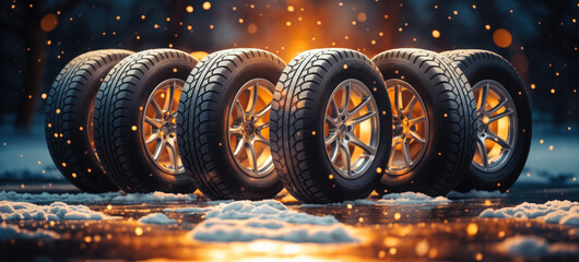 Group of tires on the ice in winter. Ensuring safe and reliable vehicle traction amidst icy conditions, essential automotive equipment for winter travel - obrazy, fototapety, plakaty