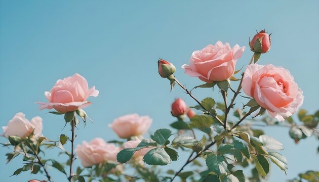 
an image of a bush of delicate pink roses against a background of a gentle blue sky. for International Women's Day March 8