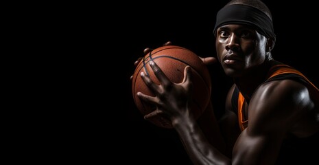 Fototapeta na wymiar basketball player holding a ball on black background