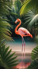 pink flamingo on a background of tropical leaves, background wallpaper for mobile phone