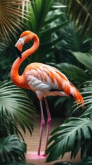 pink flamingo on a background of tropical leaves, background wallpaper for mobile phone
