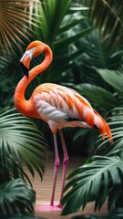 Fototapeta premium pink flamingo on a background of tropical leaves, background wallpaper for mobile phone